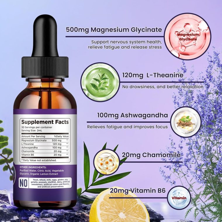 Magnesium Glycinate Supplement, Magnesium Liquid Drops with Magnesium Glycinate 500mg Vitamin B6, Ashwagandha, L - Theanine, Chamomile -Support Stress Relief, Bone, Muscle, Mood Vegan (Pack of 2) - Image 8