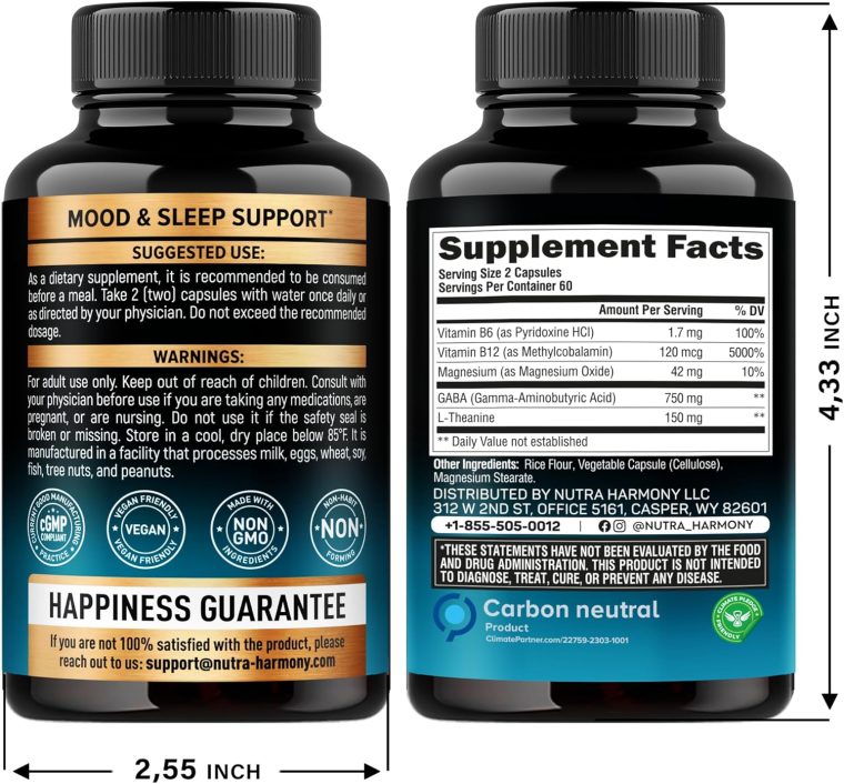 GABA L-Theanine 900 mg - Made in USA - Magnesium | Vitamin B6 - Calm, Sleep, Relaxation & Mood Support - 750 mg Gamma AminoButyric Acid, 150 mg L-Theanine - Non-Habit Forming, Vegan - 120 Capsules - Image 2