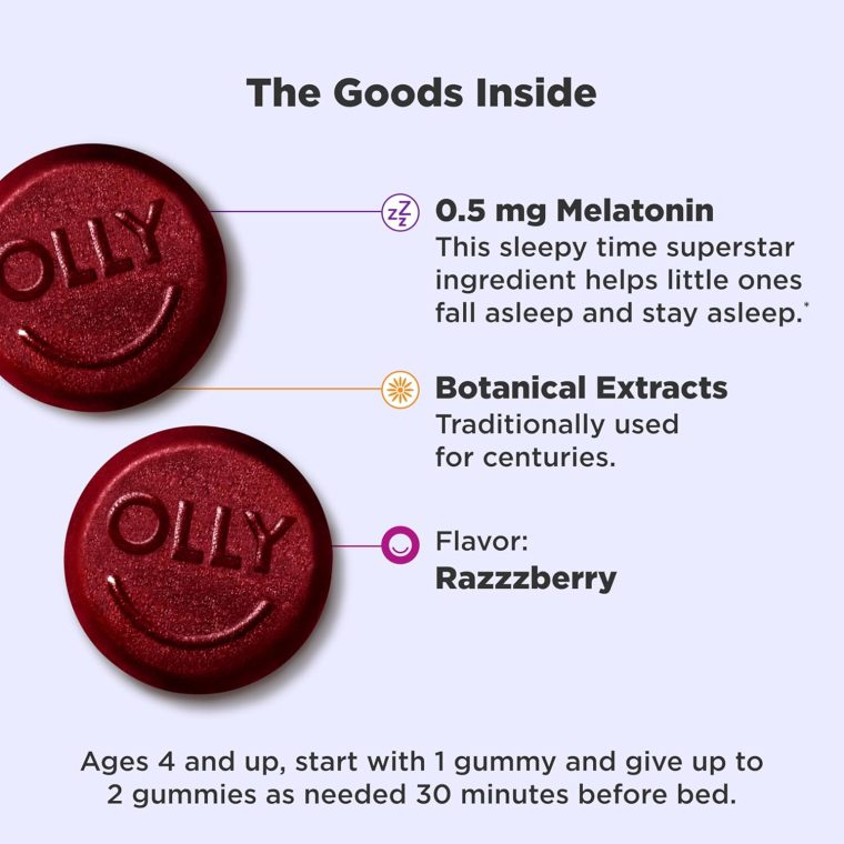 OLLY Kids Sleep Gummy, 0.5mg Melatonin, L Theanine, Chamomile, and Lemon Balm, Childrens Chewable Supplement, Raspberry - 50 Count - Image 3
