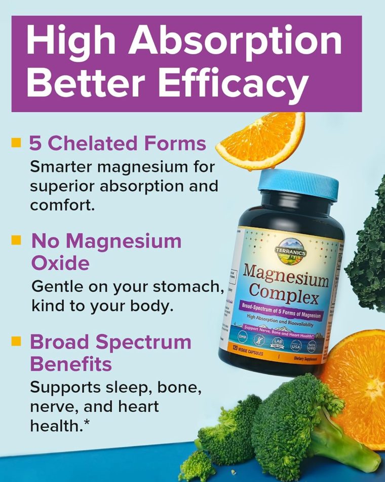 Terranics 5-in-1 Magnesium Complex Supplement 500mg - 5 Forms High Absorption Magnesium Glycinate Citrate Malate Aspartate Gluconate - Non-GMO 120 Vegan Magnesio Capsule for Sleep Muscle Heart Health - Image 3