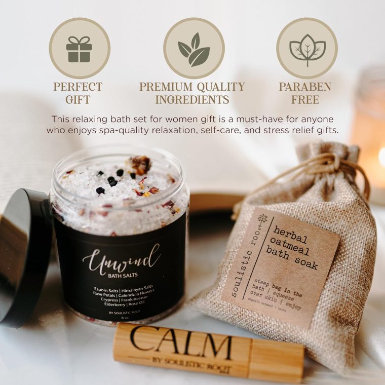 Relaxing Bath Gift Set, Luxury Spa Gifts for Women, Self Care Products for Women and Men, Calm Essential Oil Roller, Oatmeal Lavender Bath Soak & Epsom Salts with Essential Oils - Image 3