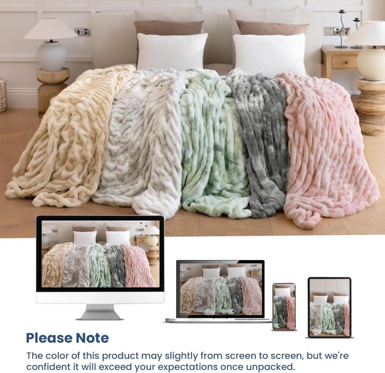 Faux Fur Blanket, Twin Size Oversized Throw Blanket for Couch, Fluffy Blanket with Stretch Ruched Design, Ultra Soft Giftable Home Decor, 60x80 inches, Tie-Dyed in Khaki - Image 7