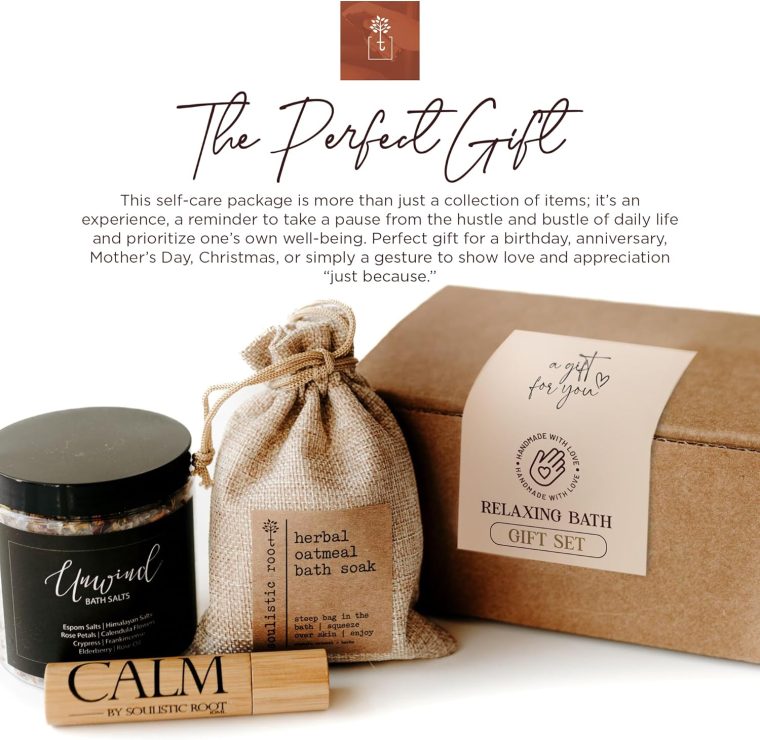 Relaxing Bath Gift Set, Luxury Spa Gifts for Women, Self Care Products for Women and Men, Calm Essential Oil Roller, Oatmeal Lavender Bath Soak & Epsom Salts with Essential Oils - Image 6
