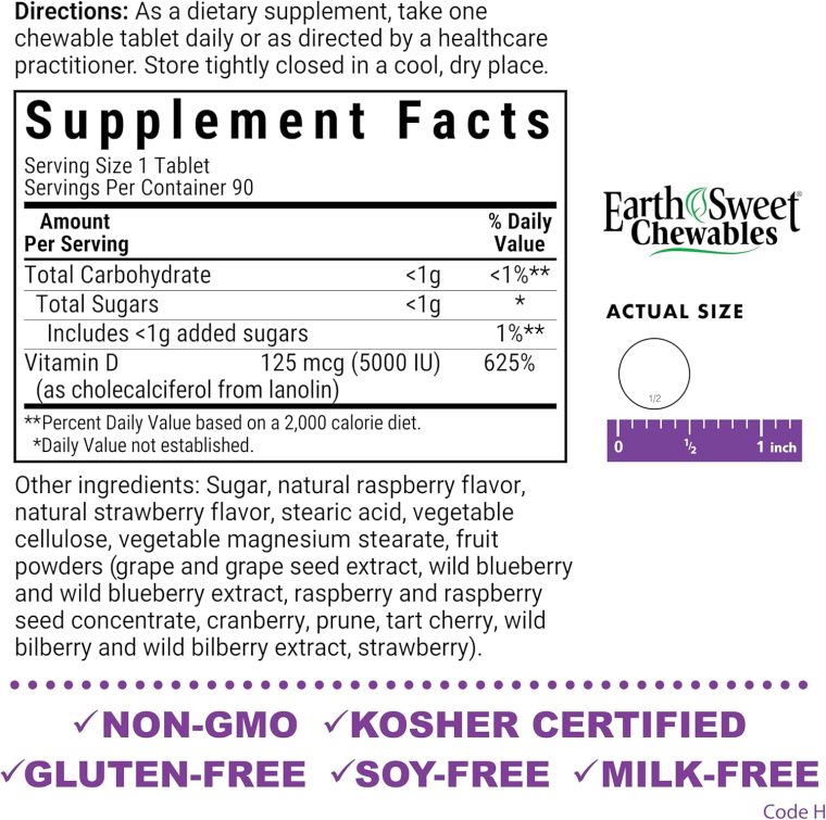 Bluebonnet Nutrition Earth Sweet Vitamin D3 5000 IU Chewable Tablets, Aids in Muscle & Skeletal Growth, Non GMO, Gluten & Soy & Milk Free, Kosher, Raspberry, White, 90 Count - Image 2