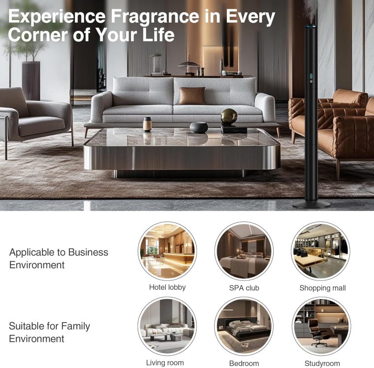Waterless Scent Diffuser Starter Kit - 2000 Sq Ft Coverage, Luxury Hotel Scent Diffuser, Diffusers for Essential Oils Large Room, Included 5 Scent Oils, Remote Control, Black, 40In - Image 7