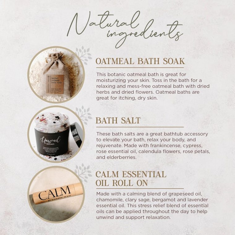 Relaxing Bath Gift Set, Luxury Spa Gifts for Women, Self Care Products for Women and Men, Calm Essential Oil Roller, Oatmeal Lavender Bath Soak & Epsom Salts with Essential Oils - Image 5