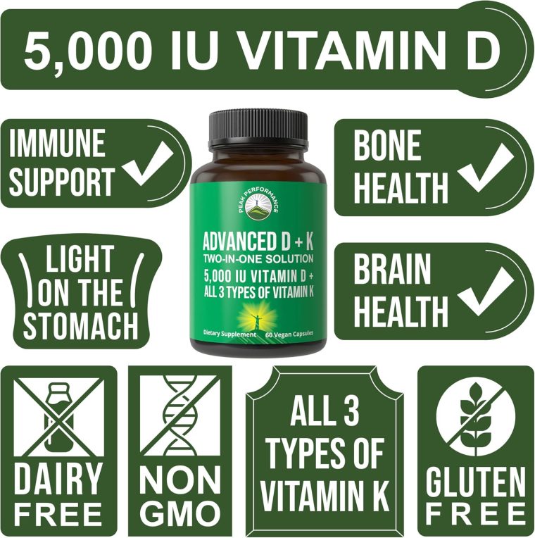 Peak Performance Advanced Vitamin D 5000 IU with All 3 Types of Vitamin K Vitamin D3 and Vitamin K2, K1, MK-7 (MK7), MK4 Supplement. 60 Small and Easy to Swallow Vegetable Pills (5000 IU) - Image 3