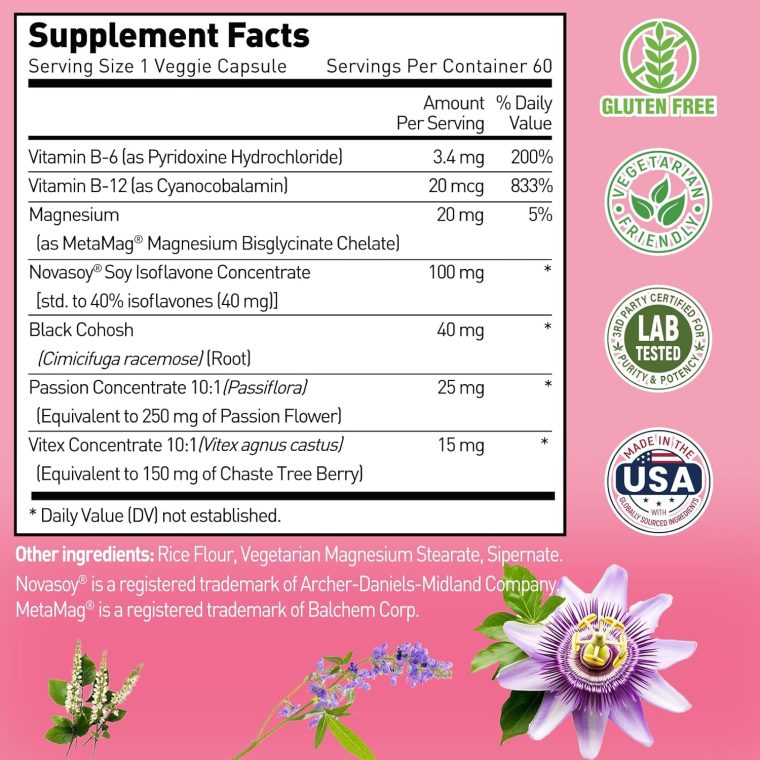 Menopause Relief Capsules for Women, Novasoy Soy Isoflavone, Black Cohosh, Passion Flower, Vitex, Vitamin B6, Vitamin B12, Magnesium, 60 Count - Image 2