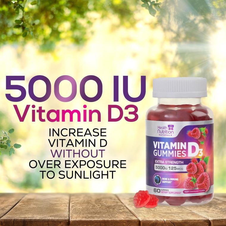 Vitamin D3 Gummies 5000 IU (125 mcg) - Extra Strength Immune Support, Bone, Teeth and Muscle Vitamin D Gummy Dietary Supplement, Nature's Berry D Vitamin Supplement, Raspberry, Non-GMO - 60 Gummies - Image 3