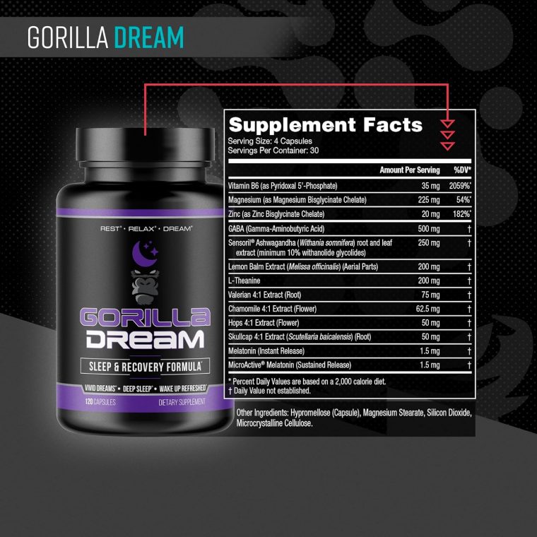Gorilla Mind Dream Sleep Supplement (120 Capsules) - Nootropic Infused Comprehensive Sleep & Recovery Supplement - GABA, Melatonin, Valerian Root, Magnesium, L-Theanine, Sensoril, Ashwagandha & More - Image 2