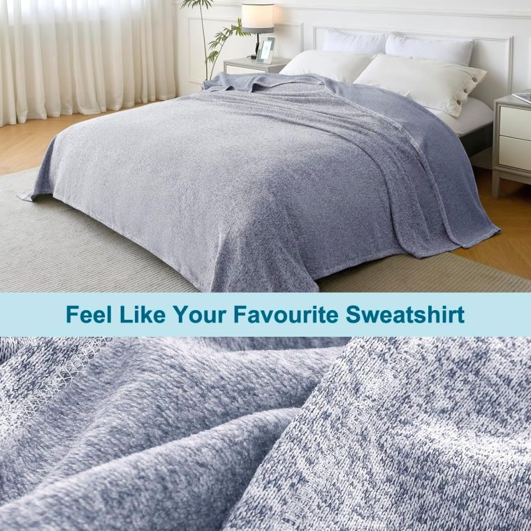 KAWAHOME Summer Sweatshirt Blanket King Size for Bed-Lightweight Breathable Blankets, Soft Thin Knit Jersey Blanket for Hot Sleepers, 108 X 90 Inches, Heather Blue - Image 4