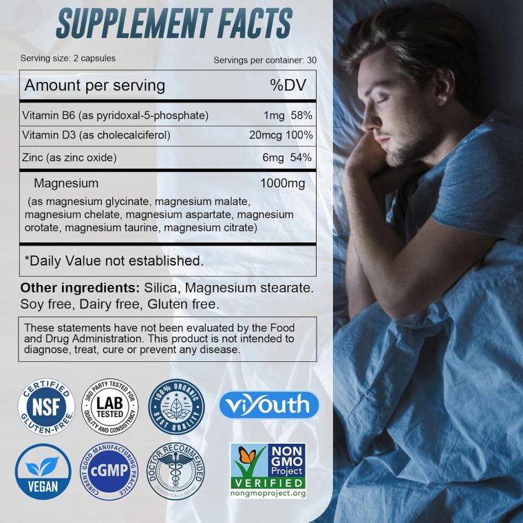 Glycinate Supplement, Magnesium 7 Complex Advanced with Citrate Malate Chelate Taurate Orotate Aspartate, Capsules with Zinc, Vitamin D3 & B6 for Sleep, Muscle Relief, 60 Capsules - Image 2