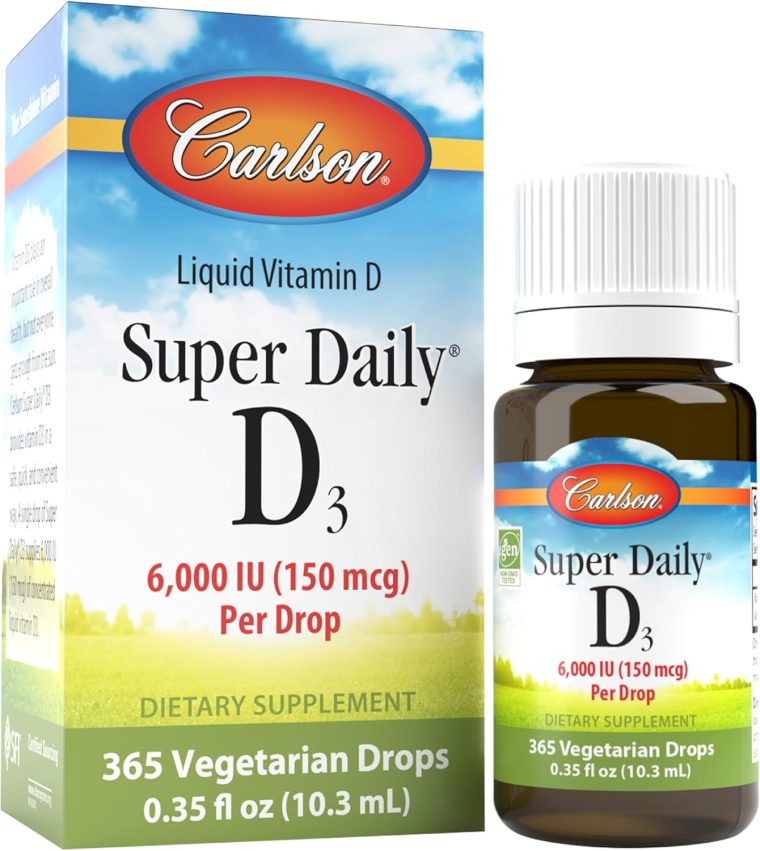 Carlson - Super Daily D3, 6000 IU (150 mcg) per Drop, Liquid Vitamin D3, 1-Year Supply, Non-GMO, Unflavored, 365 Vegetarian Drops (10.3 mL)