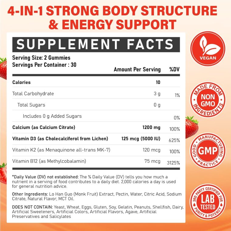 Calcium 1200 mg with Vitamin D3 Supplement for Adults - Calcium Gummies with Vitamin D3 5000IU, K2, B12 for Women Men - Extra Absorption Calcium Citrate - Natural Strawberry Flavor, 120 Gummies - Image 2