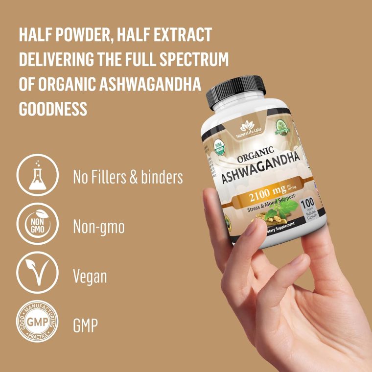 Organic Ashwagandha 2,100 mg - 100 Veggie Capsules Pure Organic Ashwagandha Powder and Root Extract - Stress Relief, Mood Enhancer - Image 4