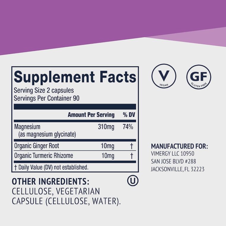 Vimergy Magnesium Glycinate – Stress Support – Chelated to Avoid Tummy Upset*– Promotes Heart Health & Energy*– Kosher, Vegan Gluten-Free – 180 Caps - Image 4