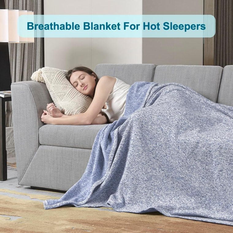 KAWAHOME Summer Sweatshirt Blanket King Size for Bed-Lightweight Breathable Blankets, Soft Thin Knit Jersey Blanket for Hot Sleepers, 108 X 90 Inches, Heather Blue - Image 7