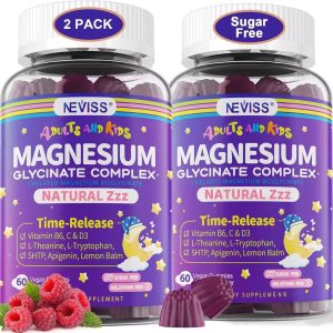Magnesium Glycinate Gummies for Adults & Kids 4+, Sugar Free Magnesium Bisglycinate Supplement 400/200mg with B6D3, 5HTP, L-Theanine for Sleep & Relaxation, Brain, Muscle, Melatonin Free Gummies,2Pack