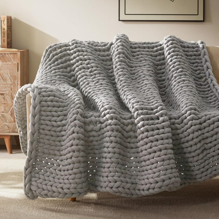 SLEEP ZONE Weighted Blankets for Adults - Chunky Knit Blanket, Cotton Hand Made Heavy Blankets, Cooling Weighted Blanket - Breathable, Machine Washable (Grey, 6 lbs, 40"x50")