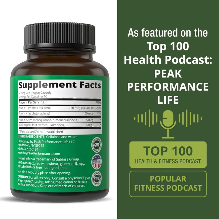 Peak Performance Advanced Vitamin D 10000 IU with All 3 Types of Vitamin K Capsules 10,000 IU Vitamin D3 and Vitamin K2, K1, MK-7 (MK7), MK4 Supplement. 60 Small and Easy to Swallow Pills - Image 6