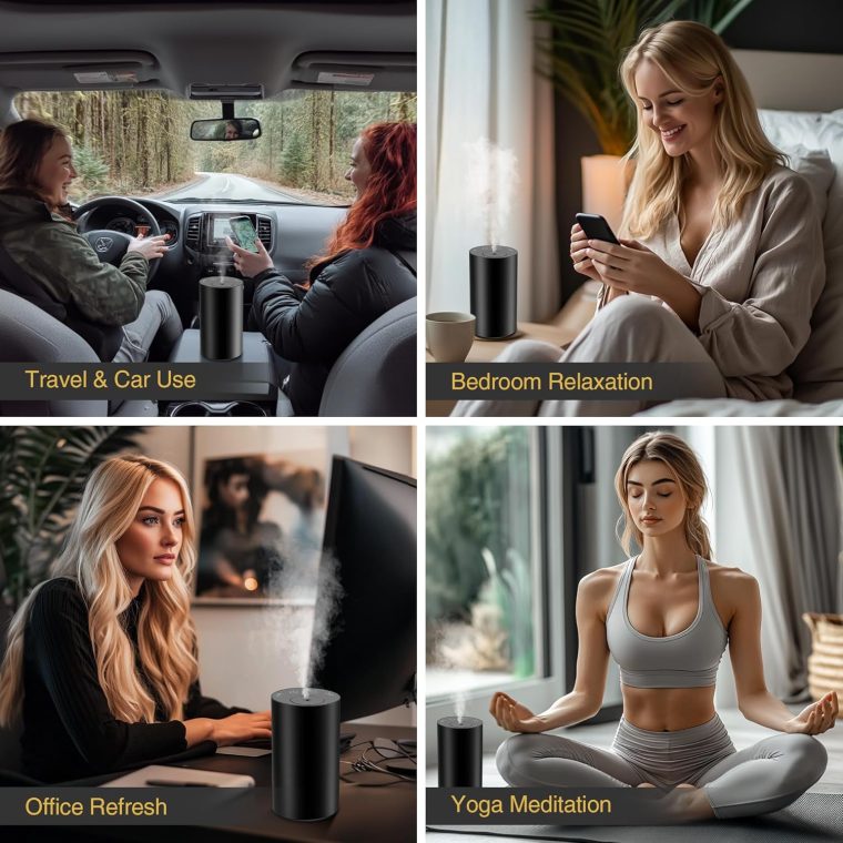 Waterless Essential Oil Diffuser Starter Kit - No Water Needed, Battery Operated Mini Scent Air Machine, Included 3x20ML Essential Oils, Portable Aromatherapy Diffuser for Home & Car, Black, 2Pack - Image 6