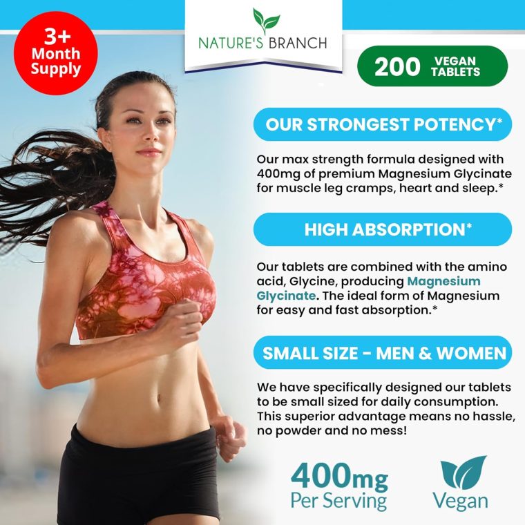 Magnesium Glycinate 400 mg - 200 Tablets - High Absorption, Non Buffered Bisglycinate Mag Supplement for Sleep, Leg Cramps, Heart, Ease Muscles, Calm Headaches for Women and Men, Non Powder Capsules - Image 2