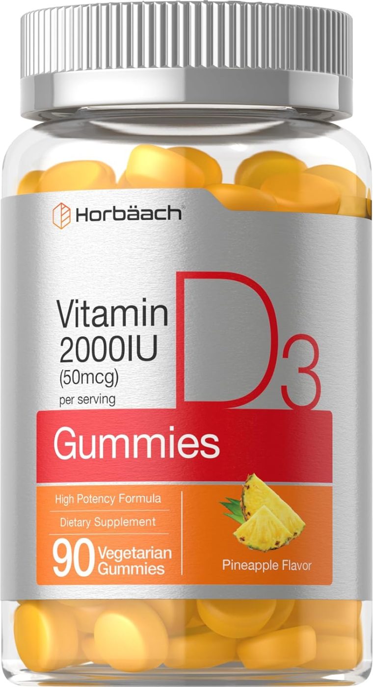 Horbäach Vitamin D3 2000iu Gummies | 90 Count | High Potency Vegetarian Formula | Pineapple Flavor | 50 mcg | Non-GMO & Gluten Free Supplement