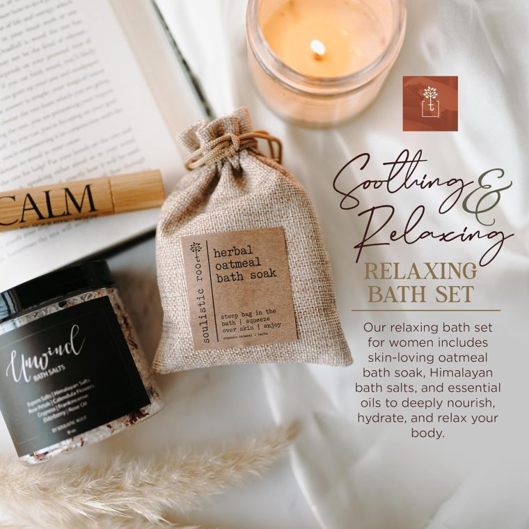Relaxing Bath Gift Set, Luxury Spa Gifts for Women, Self Care Products for Women and Men, Calm Essential Oil Roller, Oatmeal Lavender Bath Soak & Epsom Salts with Essential Oils - Image 2