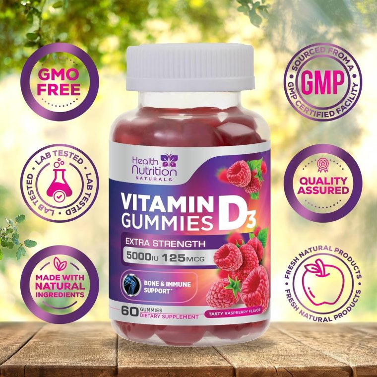 Vitamin D3 Gummies 5000 IU (125 mcg) - Extra Strength Immune Support, Bone, Teeth and Muscle Vitamin D Gummy Dietary Supplement, Nature's Berry D Vitamin Supplement, Raspberry, Non-GMO - 60 Gummies - Image 4