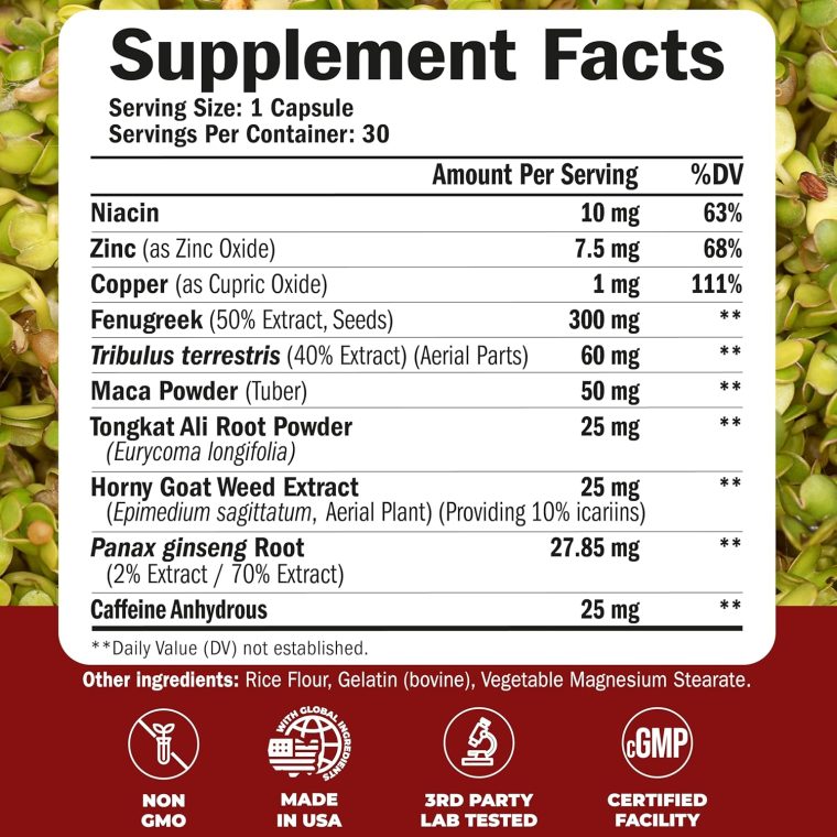 Testosterone Supplement for Men – Libido Support: Maca Root, Fenugreek, Tongkat Ali, Horny Goat Weed & Tribulus | Muscle Builder for Men | Energy, Drive & Strength | Workout Supplements – 30 Capsules - Image 3