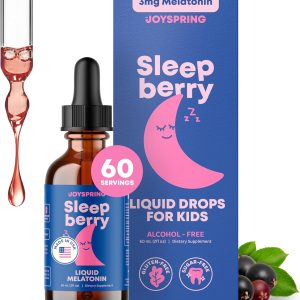 JoySpring Sleepberry Kids Melatonin 3 mg – Liquid Sleep Aid with L Theanine, High Absorption Berry Drops (2 fl oz) 60 Servings, Children's Melatonin with Vitamin D Kids Travel Essentials