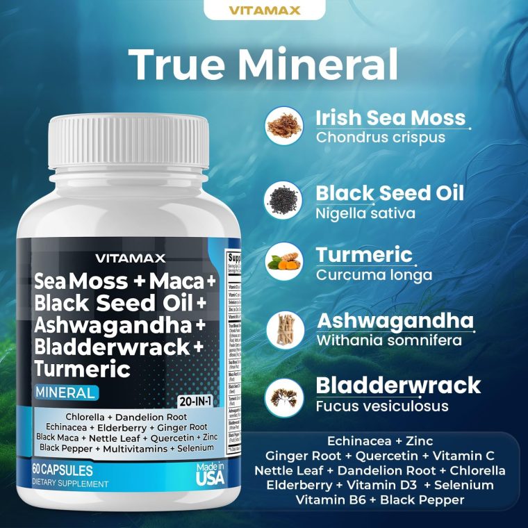Sea Moss Maca Black Seed Oil Ashwagandha Bladderwrack Turmeric - Manuka Honey, Elderberry, Vitamin C & D3, Dandelion & Black Pepper - Non-GMO - Vegan - Made in USA - 60ct - Image 2