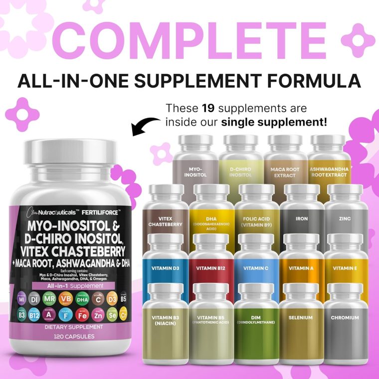 Clean Nutraceuticals Myo-Inositol & D-Chiro Inositol 2050mg Fertility Supplement 40:1 Ratio - Prenatal Vitamins for Women with Ashwagandha Maca Root Vitex Chasteberry Iron DHA Folic Acid DIM Zinc (1) - Image 2