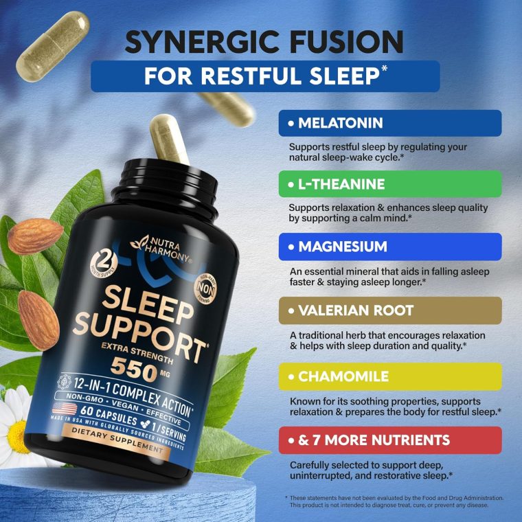 Sleeping Pills for Adults 550mg - Valerian Root for Sleep | Melatonin 3mg | L-Theanine | Magnesium - Natural Sleep Aid Supplement - Non-Habit Forming Rest Support - Made in USA - 1/Day | 60 Capsules - Image 4