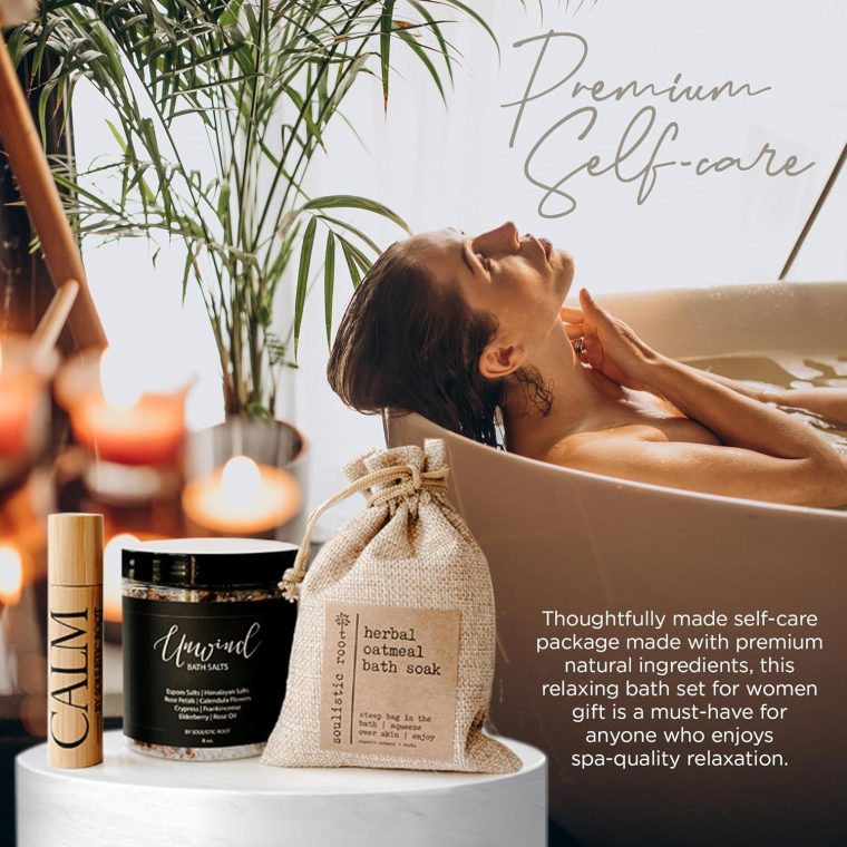 Relaxing Bath Gift Set, Luxury Spa Gifts for Women, Self Care Products for Women and Men, Calm Essential Oil Roller, Oatmeal Lavender Bath Soak & Epsom Salts with Essential Oils - Image 7