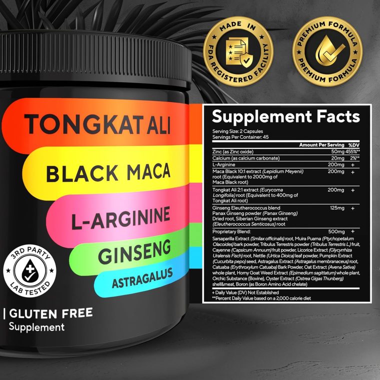 Tongkat Ali for Men 20 in 1 with Astragalus - USA Made Mens Supplement Complex with Black Maca Root, L-Arginine, Ginseng, Calcium, Astragalus for Normal Strength & Endurance Support - 90 Caps - Image 7