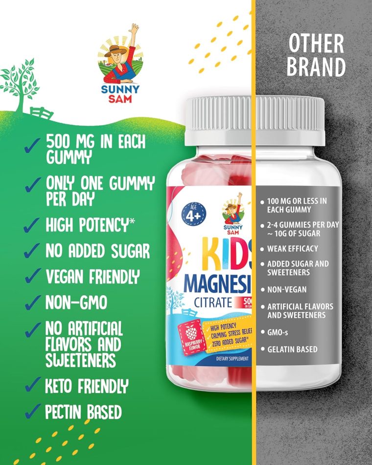 Sugar-Free Magnesium Gummies for Kids & Teens - 500mg Calm Magnesium Citrate Gummies - Kids Magnesium Gummies - Chewable Magnesium Gummy Supplement - 60 Gummies - Image 5