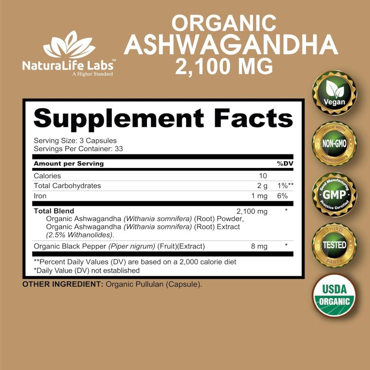 Organic Ashwagandha 2,100 mg - 100 Veggie Capsules Pure Organic Ashwagandha Powder and Root Extract - Stress Relief, Mood Enhancer - Image 2