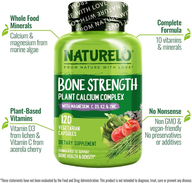 NATURELO Calcium Supplement - with Vitamin C, Vitamin D3, K2, and Calcium Magnesium Zinc for Bone Strength with Calcium 600mg - Plant-Based, 120 Vegetarian Capsules, Non-GMO, Soy & Gluten-Free - Image 2