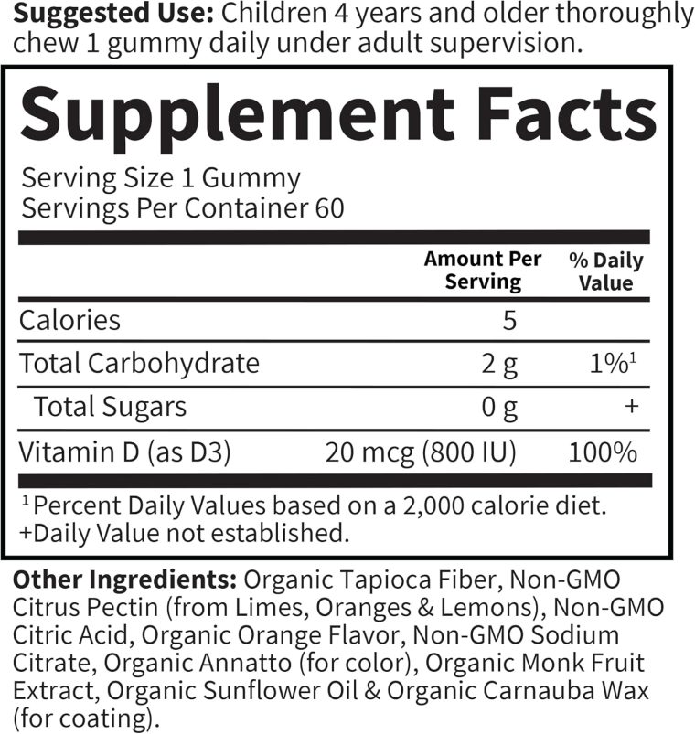 Garden of Life Kids Organic Vitamin D3 Gummies with 800 IU (100% Daily Value) for Strong Bones, Teeth, Brain & Immunity – Non-GMO, No Gluten, Vegetarian, Sugar Free, Orange Flavor, 60 Servings - Image 5