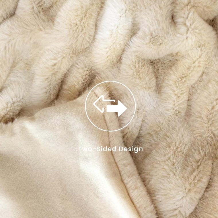 Faux Fur Blanket, Twin Size Oversized Throw Blanket for Couch, Fluffy Blanket with Stretch Ruched Design, Ultra Soft Giftable Home Decor, 60x80 inches, Tie-Dyed in Khaki - Image 4