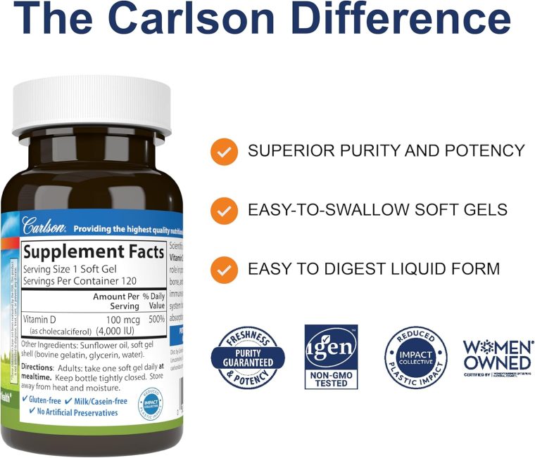 Carlson - Vitamin D3, 4000 IU (100 mcg), Vitamin D Supplements, Bone & Immune Health, Cholecalciferol Supplement, Gluten Free Vitamin D Capsules, 120 Softgels - Image 2
