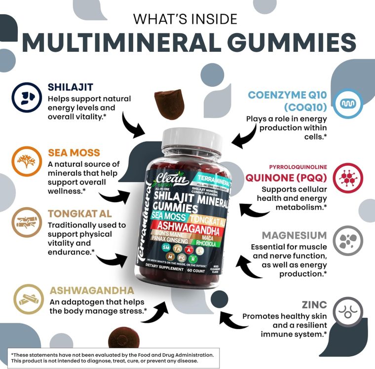 Terramineral Shilajit Gummies with Irish Sea Moss Tongkat Ali Ashwagandha Lion's Mane MACA Panax Ginseng Rhodiola & Cordyceps by Clean Nutra (1) - Image 3