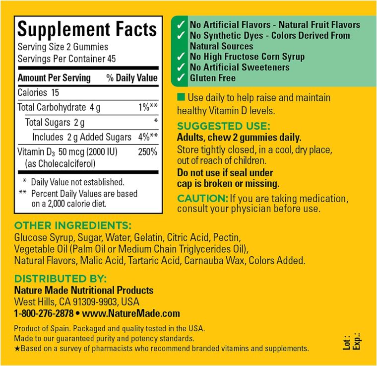 Nature Made Vitamin D3 2000 IU (50 mcg) per serving, Dietary Supplement for Bone, Teeth, Muscle and Immune Health Support, 90 Gummies, 45 Day Supply - Image 5