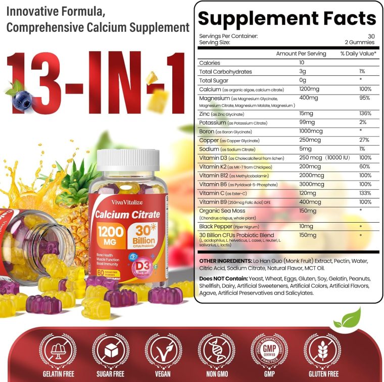 13-in-1 Calcium Citrate Gummies, 1200 mg with Vitamin D3, K2, Magnesium, Zinc, Ultimate Absorption Calcium Supplements for Women & Men, Bone, Muscle & Immune Support, Blueberry & Pineapple, 60 Gummies - Image 4