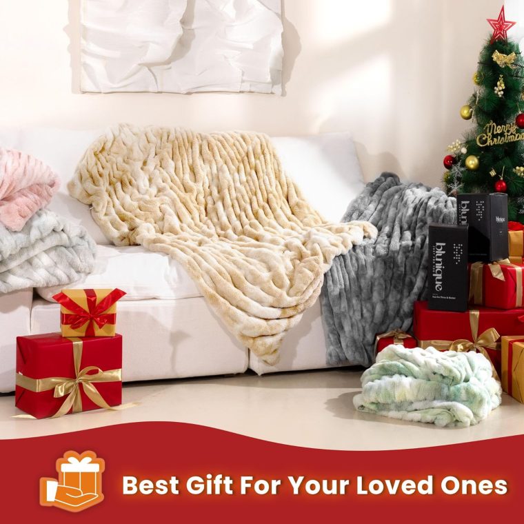 Faux Fur Blanket, Twin Size Oversized Throw Blanket for Couch, Fluffy Blanket with Stretch Ruched Design, Ultra Soft Giftable Home Decor, 60x80 inches, Tie-Dyed in Khaki - Image 8