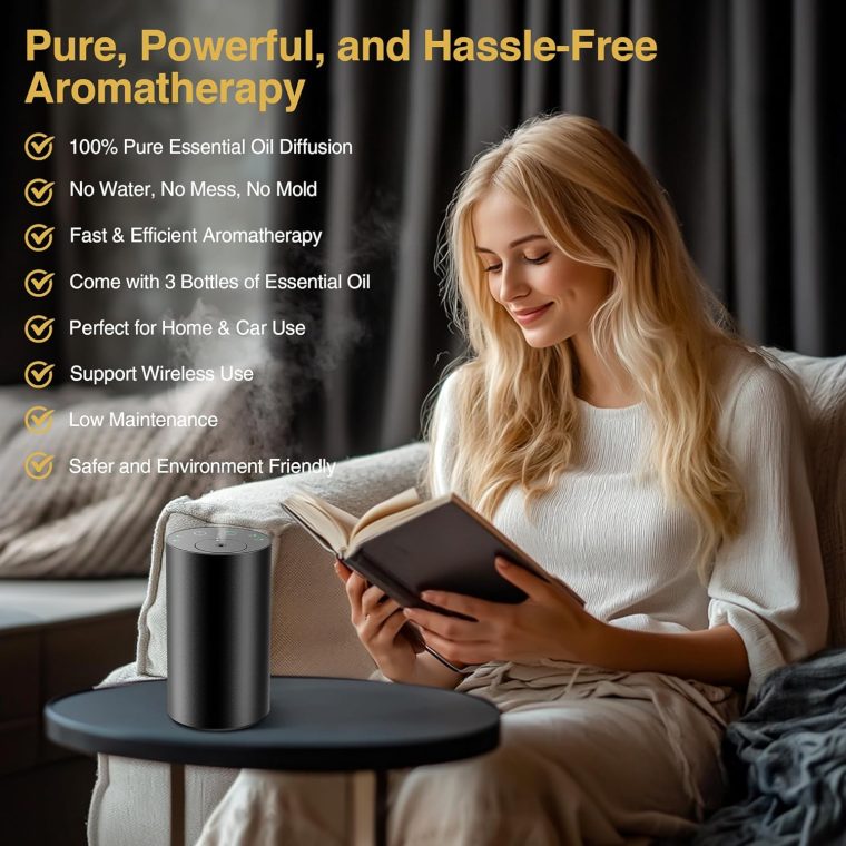 Waterless Essential Oil Diffuser Starter Kit - No Water Needed, Battery Operated Mini Scent Air Machine, Included 3x20ML Essential Oils, Portable Aromatherapy Diffuser for Home & Car, Black, 2Pack - Image 2