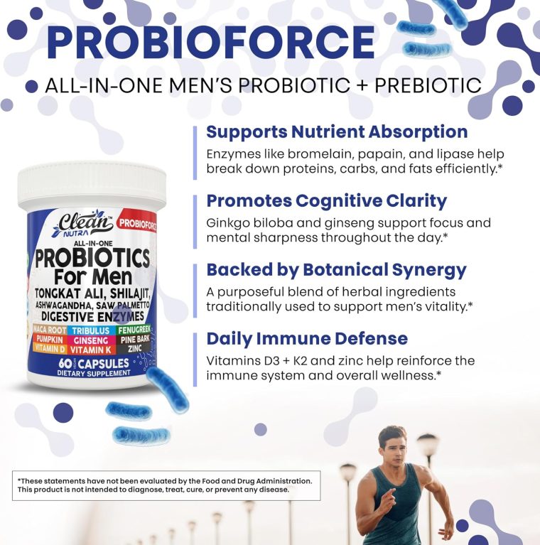 Clean Nutra Probiotics for Men | Tongkat Ali, Saw Palmetto, Tribulus, Ginseng, Ashwagandha, Maca, Pumpkin, Gingko Biloba, Pine Bark, Fenugreek, Shilajit, Zinc - Mens Probiotic 60 Capsules - Image 6