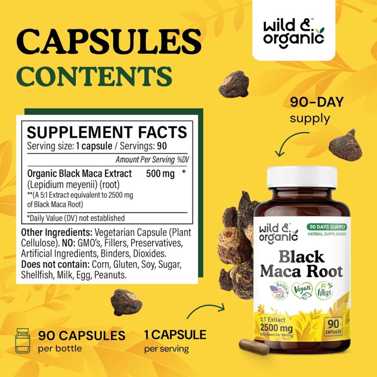 Wild & Organic Black Maca Root Capsules for Men & Women 500 mg - Maca Root Extract for Overall Support - 90 Vegan Capsules - Women & Men Supplement - 90 Days Supply - Non-GMO, No Fillers, Gluten-Free - Image 3