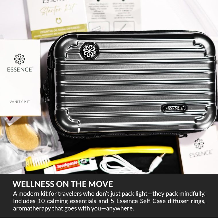 Essence Travel Amenity Kit - Compact Wellness Organizer with 5 Nasal Diffusers + 9 Traveler Comfort Essentials for Flights, Hotels & Adventures - Wearable Aromatherapy Self-Care On the Go - Image 2